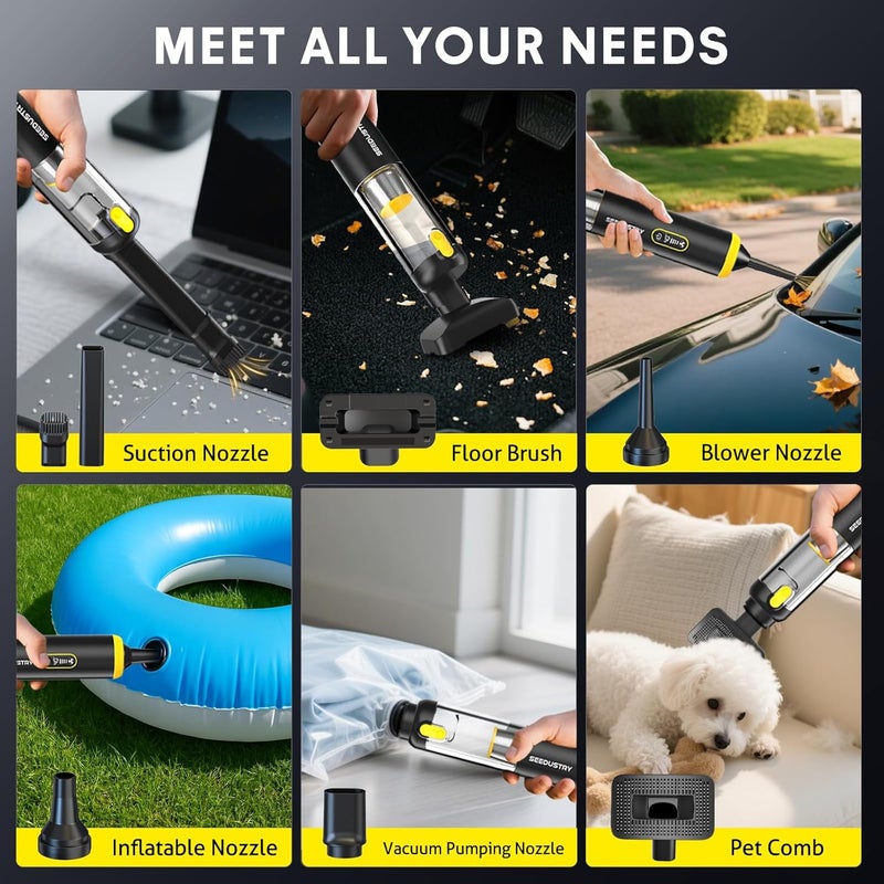 SEEDUSTRY Handheld Car Vacuum Portable Cordless, 6-in-1 Mini Cordless Vacuum Cleaner with Brushless Motor & 18000Pa Powerful Suction, Type-C Charge, 2025 Mini Vacuum V-C08 Pro for Car Home Office Pet - Image 4